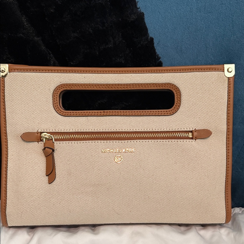 Michael Kors Beige Canvas Clutch with Brown Leather Trim and Gold Hardware